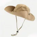 Close-up detail of khaki sun hat with wide brim, adjustable chin strap and side snaps - One Size / Khaki