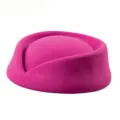Close-up view of a vibrant pink felt pillbox hat showing its retro cross-fold design. - Rose Red