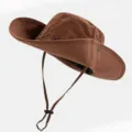 Side view detail of a brown vintage western cowboy sun hat with adjustable chin strap - One Size / Coffee