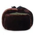 Detailed macro view of a brown faux fur winter ushanka hat with a decorative black bow - One size fits all【57-59cm】 / Army green cloth brown velvet