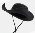 Detail side view of a vintage black western cowboy hat with an adjustable chin strap - One Size / Black
