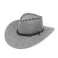 Detail view of gray heathered western cowboy hat featuring black rope band and metal eyelets - One Size / Gray