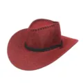 Detailed view of a red woven cowboy hat featuring black braided rope and stitched brim - One Size / Burgundy