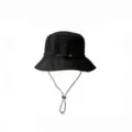 Detailed view of black quick-dry waterproof bucket hat with chin strap and drawstring - Black