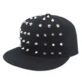 Black hip-hop snapback cap with silver metal cone rivets and flat brim design. - Adjustable / Silver Rivet