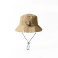 Detail view of a khaki quick-dry waterproof bucket hat with an adjustable chin strap for outdoors. - Khaki