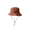 Detail showing the adjustable chin strap and fabric texture of the terracotta bucket hat. - Rust Red