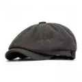 Classic retro herringbone newsboy cap for men in grey and black textured wool-like fabric - One Size / Black