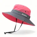 Side view of a wide brim pink and grey outdoor sun hat with adjustable chin strap - One Size / Watermelon red