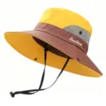 Detailed view of yellow and brown outdoor sun hat with wide brim and SunShade logo - One Size / Yellow