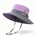 Purple and gray wide-brim sun hat with chin strap for outdoor hiking and sun protection - One Size / Purple