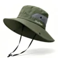 Breathable wide brim olive green outdoor sun hat with adjustable chin strap for hiking - One Size / Army Green
