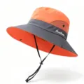 Detailed view of an orange and grey wide-brim sun hat with mesh vents and chin strap - One Size / Orange Red