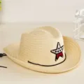 Chapeau de cowboy en paille pour enfants avec écusson étoile et mentonnière réglable pour le soleil - Taille unique / Beige