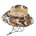 Close-up of camouflage fishing hat with breathable mesh and adjustable chin strap. - Camouflage Coffee