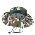 Close-up of a camouflage bucket hat with breathable mesh panel and adjustable chin strap. - Camouflage Army Green