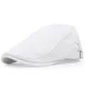 Side view of a classic white cotton flat cap with an adjustable metal buckle - White