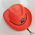 Chapeau de cowboy en paille orange pour enfants avec écusson étoile et mentonnière noire - Taille unique / Orange