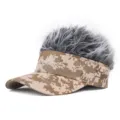 Camo wig visor hat for men and women, funny fake hair sun visor cap for outdoor hip hop party. - Desert Camo (Silver Grey Hair)