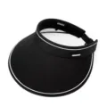Detail view of black sun visor hat with white trim and a wide protective brim. - Adjustable 55-58 / Black