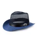 Atmungsaktiver Sommer-Mesh-Jazz-Fedora-Hut für Herren mit Lederband in Blau und Schwarz Optik - Verstellbar / Marineblau