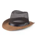 Atmungsaktiver Herren-Strohhut mit Mesh-Krone und schwarzem Lederband mit Schnalle - Verstellbar / Kaffeebraun