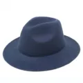 Detailed side view of a navy blue felt fedora hat featuring a classic jazz style design - One Size / Navy Blue