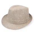 Detailed view of a woven linen fedora hat with curled brim for sun protection - One Size / Roll Up Fedora Hat / Beige Gray