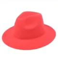 Detailed view of a classic solid red felt fedora hat with wide flat brim and crown - One Size / Bright Red