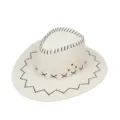 Vista dettagliata del cappello da cowboy color crema con cuciture decorative nere a croce - Taglia unica / Bianco