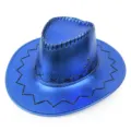 Detailed macro shot of a shiny metallic blue western cowboy hat with black stitching - One Size 58cm / Glossy Blue