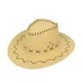 Side view detail of a khaki western cowboy hat with black decorative hand stitching - One Size / Beige