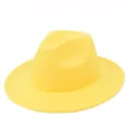 Detailed side view of a vibrant yellow solid color felt fedora hat for men and women. - One Size / Yellow