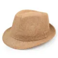 Side profile of a classic tan straw fedora hat featuring a stylish woven texture. - One Size / Roll Up Fedora Hat / Khaki