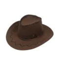 Detail of the black decorative stitching on a brown suede Western cowboy knight hat - One Size / Dark Coffee