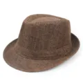 Close-up of brown woven linen fedora hat with breathable straw texture for summer. - One Size / Roll Up Fedora Hat / Coffee