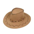 Dettaglio di un cappello da cowboy western marrone con cuciture nere decorative - Taglia unica / Cammello