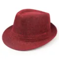 Detaillierte Nahaufnahme der gewebten Textur eines roten Leinen-Jazz-Fedora-Hutes - Einheitsgröße / Aufrollbarer Fedora Hut / Burgunderrot