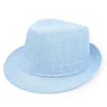 Detail eines hellblau gewebten Fedora-Jazzhutes mit Rollrand und passendem Hutband - Einheitsgröße / Aufrollbarer Fedora Hut / Hellblau