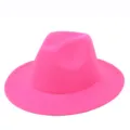 Detailed view of the vibrant rose pink felt fedora hat with a wide flat brim - One Size / Rose Red