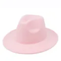 Close-up view of a minimalist light pink wool felt fedora hat with a wide flat brim - One Size / Light Pink