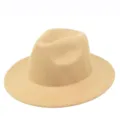 Detailed view of a classic beige felt fedora hat with a wide flat brim for autumn. - One Size / Camel
