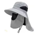 Detailed side view of grey outdoor sun hat with detachable face cover and neck protection. - Light Gray