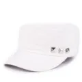 Detailed side view of white cotton cadet cap featuring three silver pyramid studs. - Triple Rivet Style / Off White