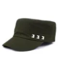 Detailed side view of dark green military style cadet cap featuring three silver metal studs - Triple Rivet Style / Army Green