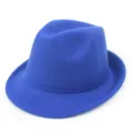 Detailed side view of a classic bright blue wool felt fedora hat for men's winter wear - M (56-58cm) / Sapphire Blue