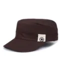 Detail shot of a dark brown military-style flat top cap with a side star patch - Star Patch Style / Coffee