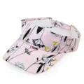 Detailansicht eines rosa floralen Sonnenvisier-Hutes aus Seidenimitat mit offenem Design - Verstellbar / Hellrosa