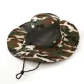 Close-up detail of camouflage boonie hat with breathable mesh and adjustable chin strap - One Size / Army Green