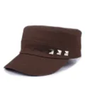 Brown cotton flat top cadet cap with silver square metal studs for unisex sun protection - Triple Rivet Style / Coffee